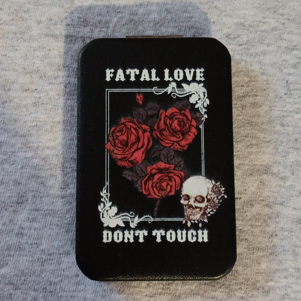 Gothic Rose Skull "Fatal Love Don't Touch" Foldable Compact Mirror New!